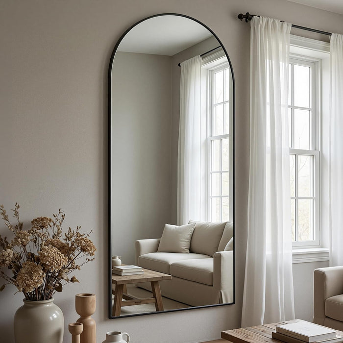 Full Length Floor Mirror Arched Standing Mirror with Aluminum Frame - Freestanding Wall Mount Leaning Body Mirror for Bedroom Living Room Entryway, 71" L X 28" W, Black
