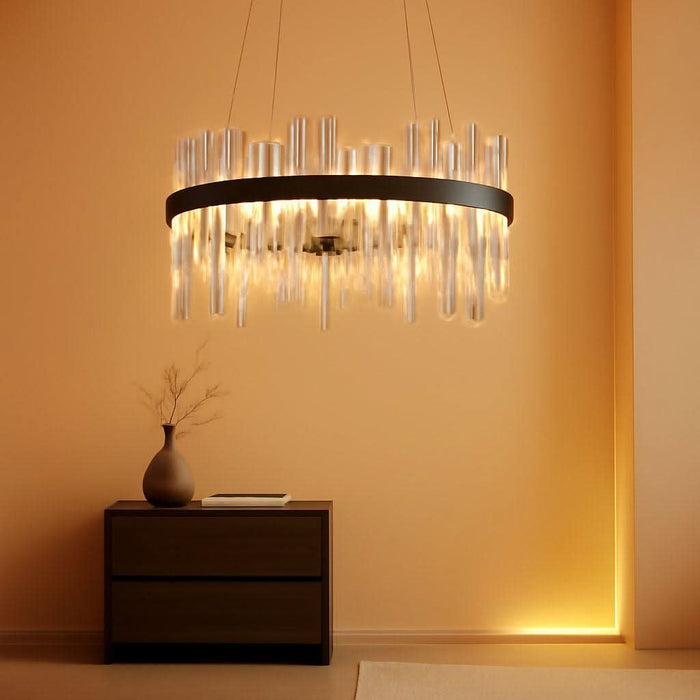 Black Led Modern Crystal Chandelier: 19.7" round Contemporary 3 Color Dimmable Dining Room Light Fixture over Table - Adjustable Lighting Chandeliers for Bedroom Living Kitchen Island Entryway Foyer