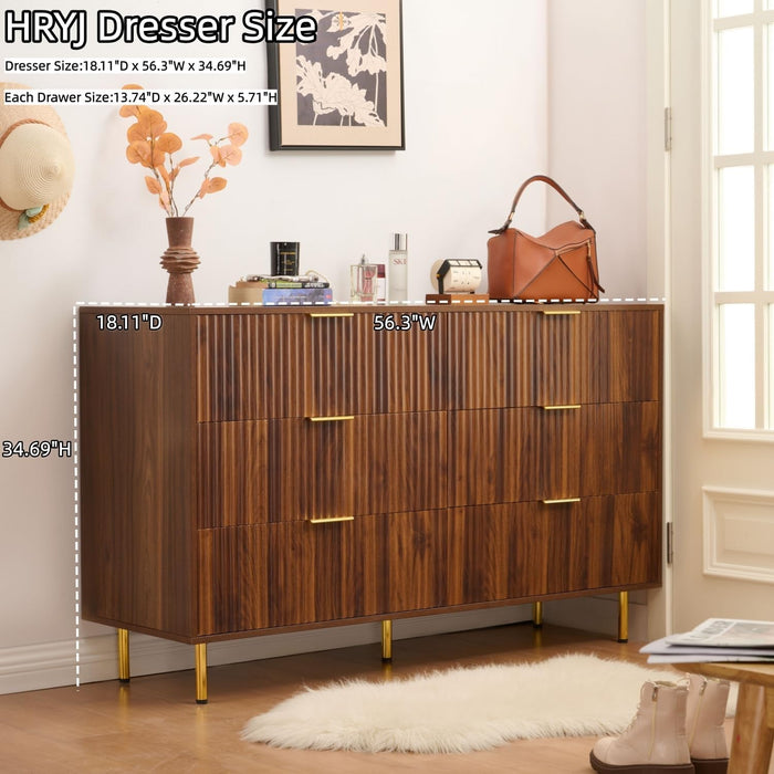 Dark Walnut Fluted 6 Drawers Dresser for Bedroom with Gold Handle