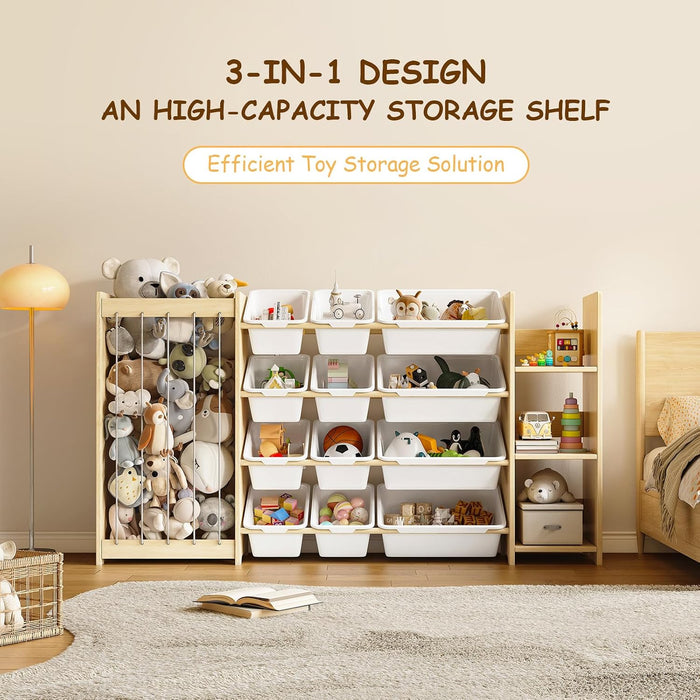 3-In-1 Toy Storage Organizer, Stuffed Animal Holder, 12 Bins