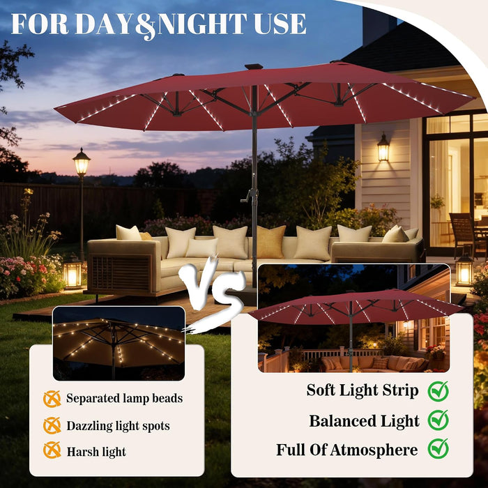 15Ft Rectangular Patio Umbrella with Solar LED Lights, Double-Sided Outdoor Market Umbrella with Base Included, Extra Large Shade for Pool, Deck, Backyard, Garden, Burgundy