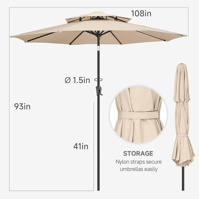 9Ft Patio Umbrella - 2 Tiers Outdoor Umbrella with Push Button Tilt and Crank for UV Protection, Table Market Umbrella for Garden, Deck, Backyard, Pool and Beach(Beige)