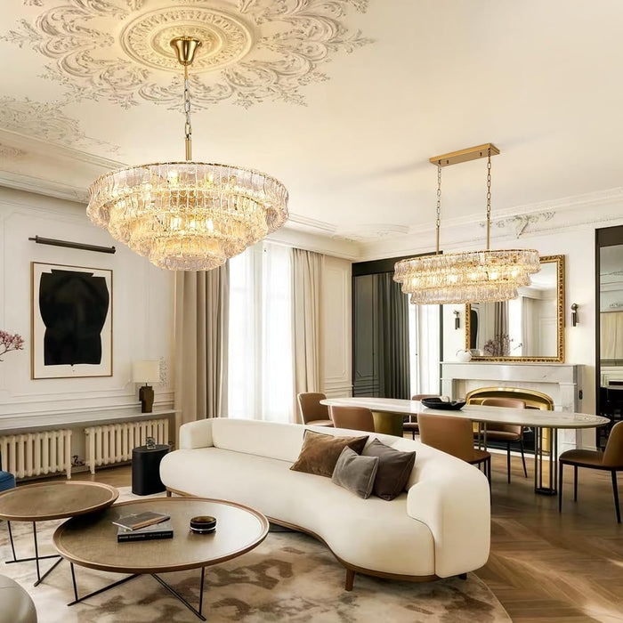 39In Large Chandelier Gold, Modern Dining Room Light Fixtures, 3 Layer Luxury Glass Chandelier 6 Light Rectangular Chandeliers for Dining Room Kitchen Island Living Room (Clear Glass)