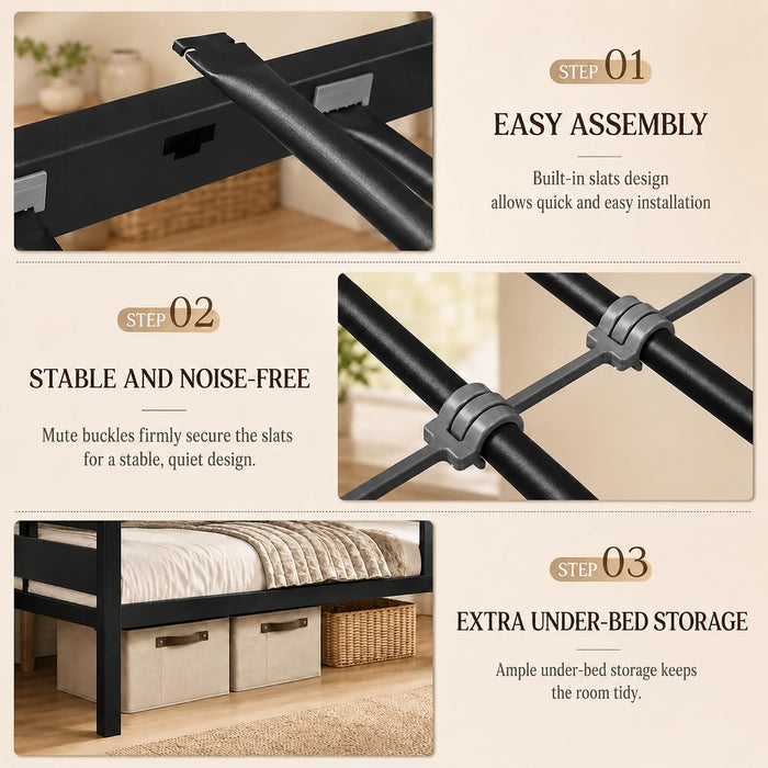 Metal Bunk Bed Full over Full with Ladder and High Guardrail, Heavy-Duty Metal Slats Support, Noise Free, No Box Spring Needed, for Kids and Juniors, Black