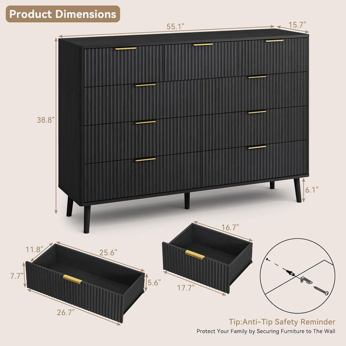 Fluted Nine Drawer Dresser FiftyFiveInch MatteBlack Organizer