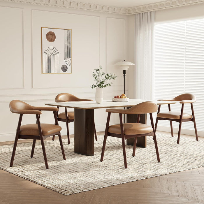 Leather Dining Chair with Armrest Set of 4, Upholstered Dining Room Chair with Curved Back and Wood Legs, Mid Century Modern Kitchen Chairs for Kitchen Dining Room,Brown