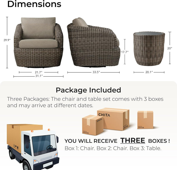 3 Pieces Patio Wicker Furniture Set, Outdoor Rattan Bistro Set with Removable Thickened Cushions, Fully Assembled(Gray Cushions with Brownish Gray Wicker)