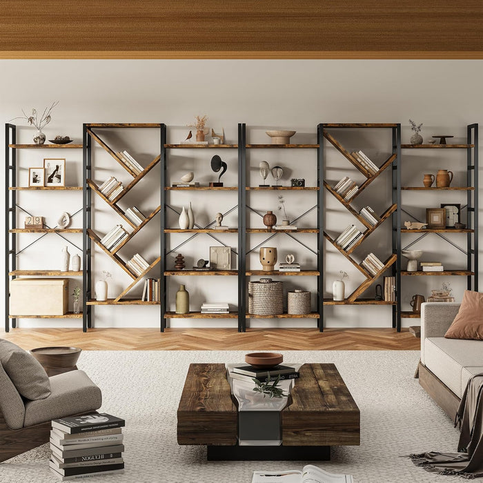 70X70" Triple 5 Tier Book Shelf, Large Wooden Bookcase with 17 Open Display Shelf, Modern Tree Bookshelf Metal Frame Tall Book Case Furniture for Living Room Bedroom Home Office Rustic Brown
