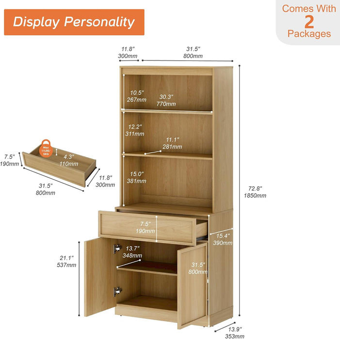 Modern 72" Tall Bookshelf with Doors, Drawers & Adjustable Shelves, Library Bookcase with Storage Cabinet and Open Shelving, Wood Bookcase for Home Office, Living Room, Oak, 1 PC