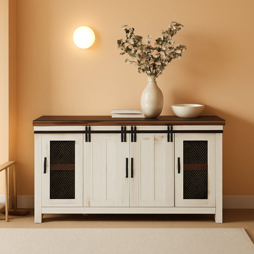 Rustic 65” Solid Wood TV Stand with Storage, White and Aged Distressed Pine