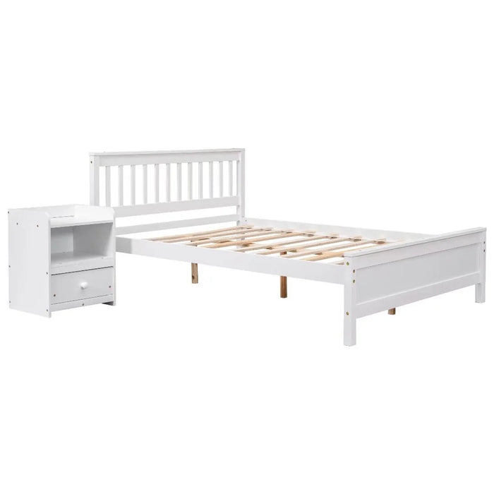 2-Pieces Bedroom Furniture Sets, Full Size Platform Bed Frame with Headboard and Footboard, Nightstand with Storage Drawer, Wooden Bedroom Sets for Kids Teens Adults, White