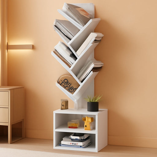 6 Tier Tree Bookshelf, Tall Bookcase with Storage Cabinet, Modern Narrow Bookshelves Organizer, Floor Standing Book Shelf for Bedroom/Living Room/Home Office/Corner, White
