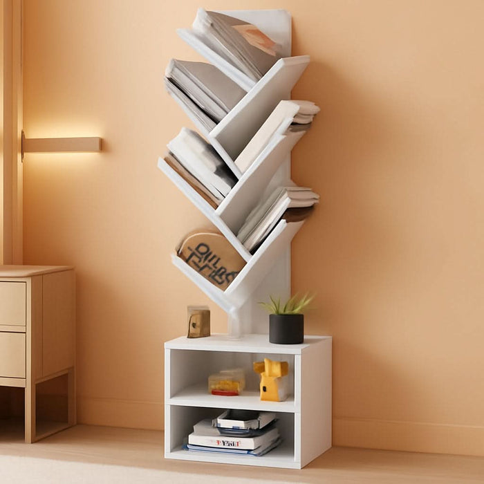 6 Tier Tree Bookshelf, Tall Bookcase with Storage Cabinet, Modern Narrow Bookshelves Organizer, Floor Standing Book Shelf for Bedroom/Living Room/Home Office/Corner, White