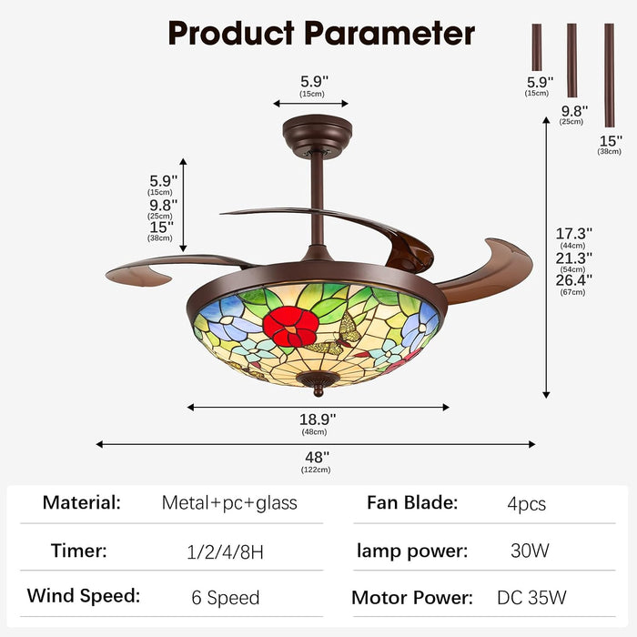 48" Tiffany Retractable Ceiling Fan with Light - (Garden, Brown)