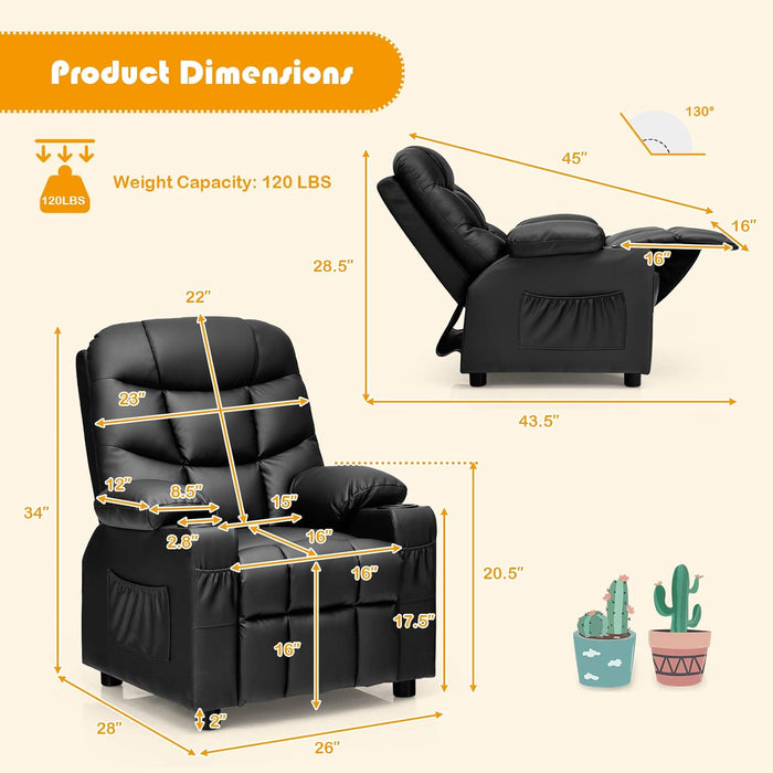 Kids Recliner Chair with Cup Holder, Adjustable Leather Lounge Chair W/Footrest & Side Pockets for Children Boys Girls Room, Ergonomic Toddler Furniture Sofa, Kids Recliner (Black)