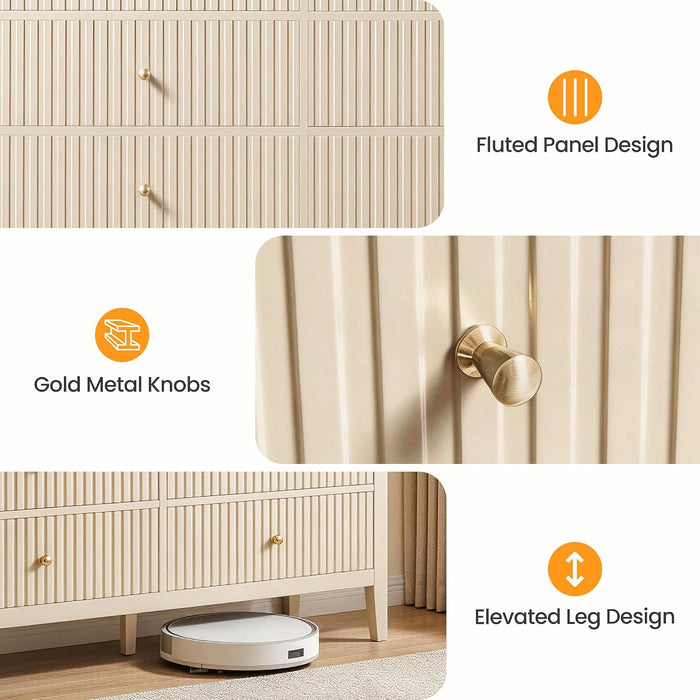 Beige 6 Drawer Dresser, Fluted Modern Wood Chest of Drawers, Long Dresser for Bedroom TV Stand Storage Cabinet for Living Room
