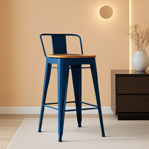 24" Metal Bar Stools Set of 4 Counter Height Barstools, Industrial Counter Stool Kitchen Bar Chairs with Modern Wooden Seat, Distressed Navy