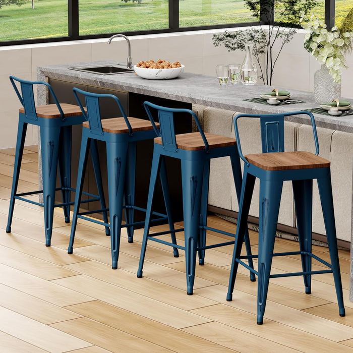24" Metal Bar Stools Set of 4 Counter Height Barstools, Industrial Counter Stool Kitchen Bar Chairs with Modern Wooden Seat, Distressed Navy