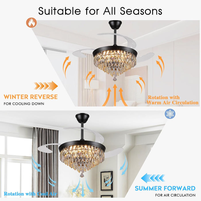 48" Chandelier Ceiling Fan with Lights, Crystal Retractable Fandelier with 3 Color LED Dimmable, Reversible DC Motor, Modern for Bedroom, Living Room (Black