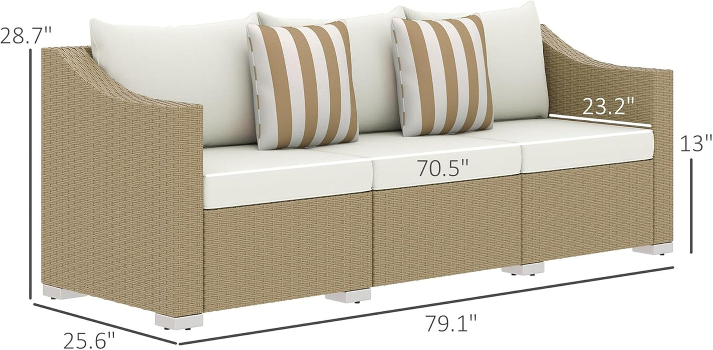 3 Seater Patio Sofa, Wicker Sofa with Cushions, Outdoor Furniture Rattan Couch with 2 Throw Pillows, Deep Seating, for Garden, Backyard, Porch, Cream White