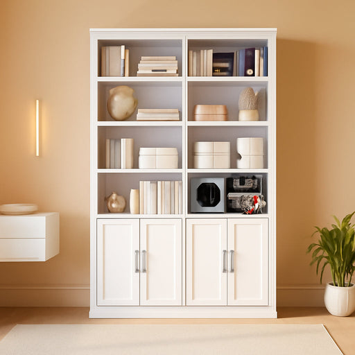 42" W Double Bookcase and Bookshelf with Doors, White | 72" Tall, Large Bookcase, Open Shelves & 6-Tier Storage Cabinets, for Home Office, Living Room, Library