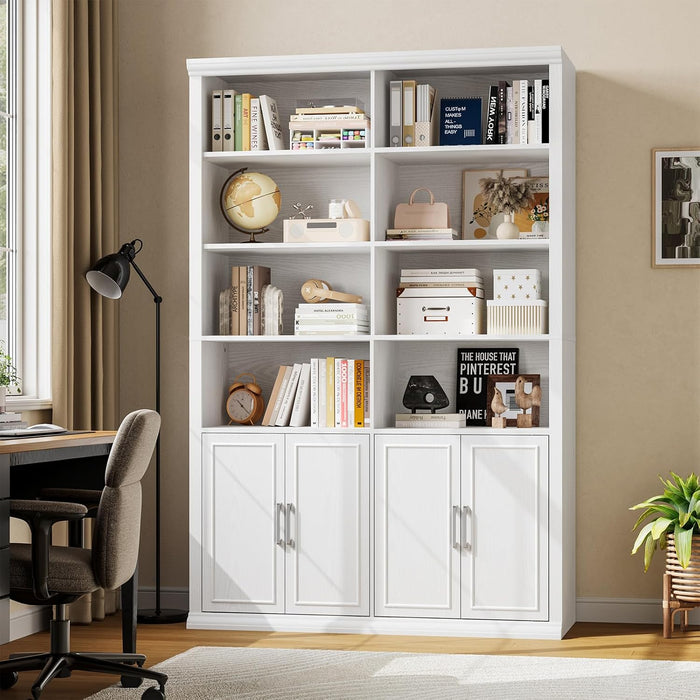 42" W Double Bookcase and Bookshelf with Doors, White | 72" Tall, Large Bookcase, Open Shelves & 6-Tier Storage Cabinets, for Home Office, Living Room, Library
