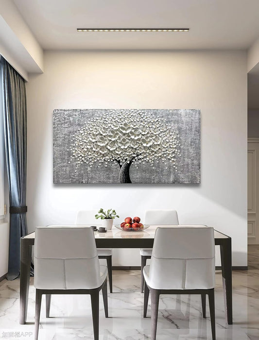 - 24X48 Inch 3D White Flower Painting Abstract Textured Knife Platte Acrylic on Canvas 3D Flowers Tree Painting Ready to Hang
