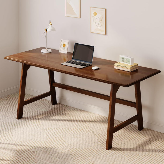 Solid Wood Writing Table - 60" W Minimalist PC Computer Desk, Walnut