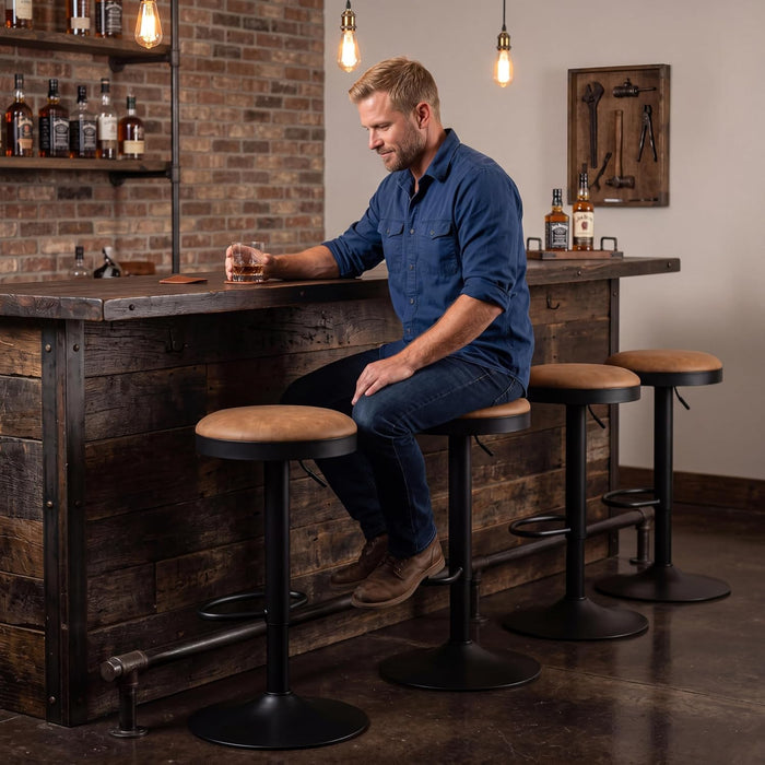 Modern Swivel Bar Stools Set of 2 Adjustable Counter Height Backless Barstools with Metal Base Leather Upholstered round Bar Stool Chairs for Kitchen Island/Pub/Breakfast Bar, Brown
