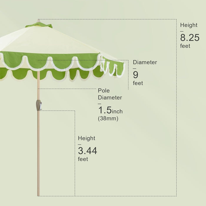 9Ft Scalloped Patio Umbrellas with Fringe, Market Umbrellas with Water-Resistant and Fade Resistant Canopy, 1.5" Wood Pole & Button Tilt,Green Beige Spliced