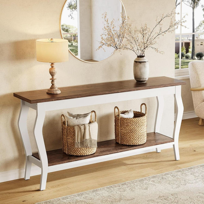 70.9 Inches Long Console Table, 2-Tier Vintage Wooden Sofa Table behind the Couch with Metal Legs for Hallway, Entryway, Living Room, Brown & White
