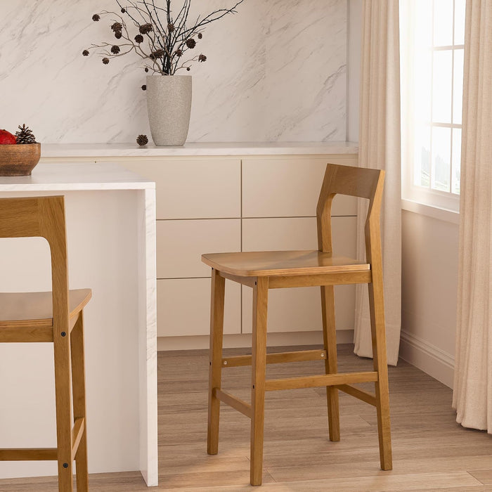 Wood Bar Stools Set of 3, Counter Height Barstools Armless Farmhouse Wooden Bar Dining Chairs with Back & Footrest for Kitchen Island Cafe Pub, Dark Oak