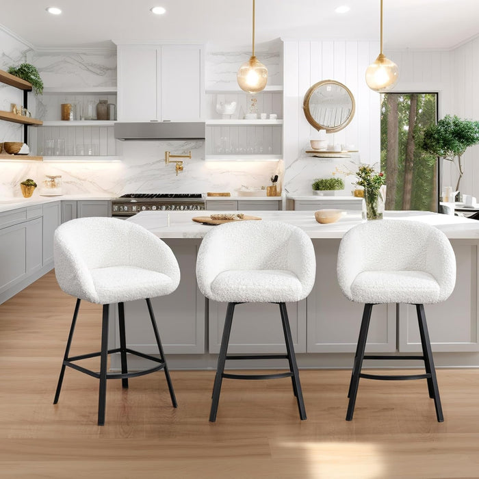 26'' Swivel Counter Stools, Modern Bar Stools for Kitchen Counter, White Sherpa Kitchen Counter Stools, Upholstered Barstools with Backs, Counter Height Stool Chairs with Metal Legs