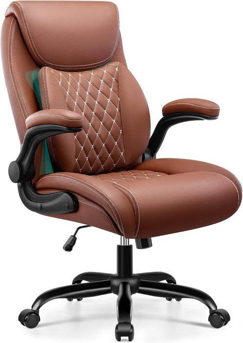Office Chair, Ergonomic Desk Chair with Lumbar Support for Lower Back Pain Relief, Executive Leather Chair with Padded Flip-Up Armrests and Wheels, Brown