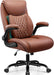 Office Chair, Ergonomic Desk Chair with Lumbar Support for Lower Back Pain Relief, Executive Leather Chair with Padded Flip-Up Armrests and Wheels, Brown