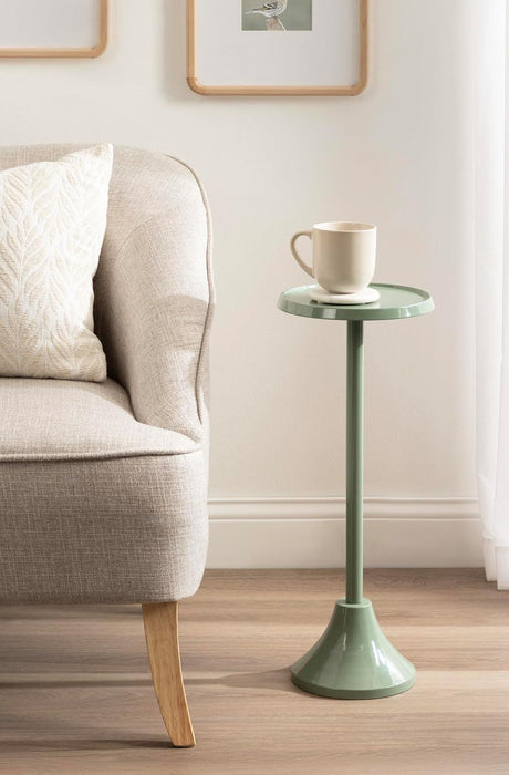 Sanzo Modern round Metal Pedestal Drink Table, 9 X 9 X 23, Soft Green, Decorative Martini Table with Trumpet Base for Use as Indoor Plant Stand or Living Room Mini Table