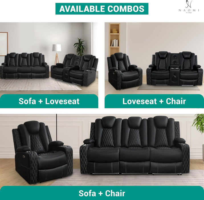 Living Room Furniture Set, Power Reclining Sofa Set, Air Leather Recliners with Built-In USB Ports and Storage Console, LED Reclining Couch Set for Living Room (Black, Sofa and Chair)