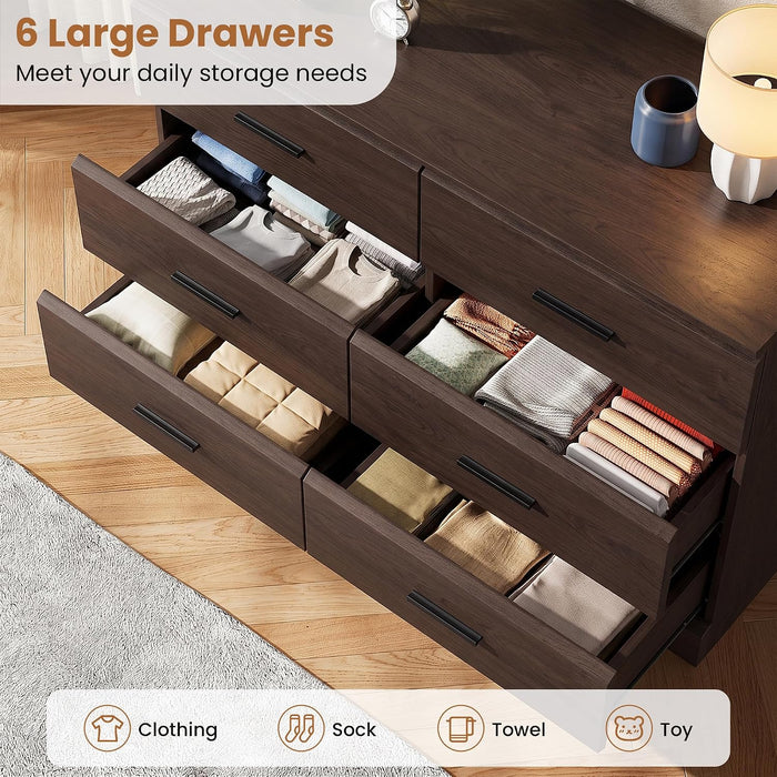 Brown 6 Drawer Dresser for Bedroom, Chest of Drawers with Silver Handle, Wood Storage Dresser with Deep Drawers for Bedroom, Living Room, Hallway Entryway (52.76 * 21.26 * 7.87 In)