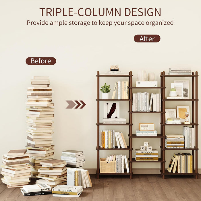Wooden Triple Wide Bookshelf, 5-Tier Large Open Bookcase, Walnut