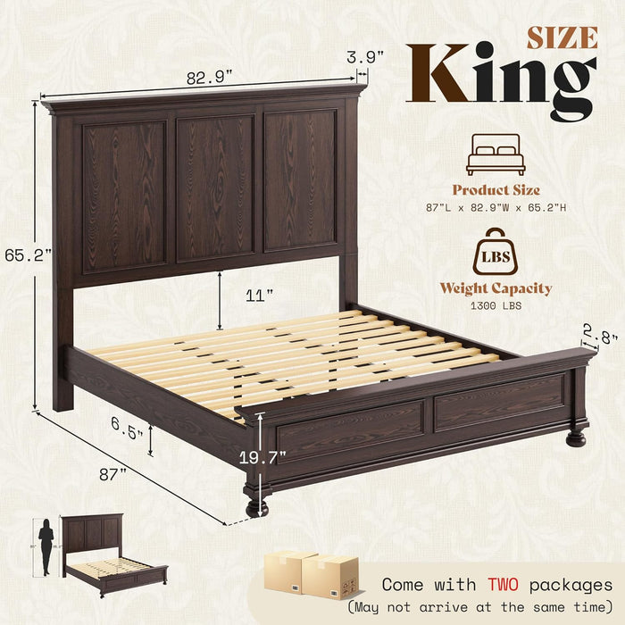 Solid Wood King Bed Frame with 65.2" High Headboard, Traditional Platform Bed with Heavy Duty Slats, No Box Spring Needed, Easy Assembly, Dark Brown