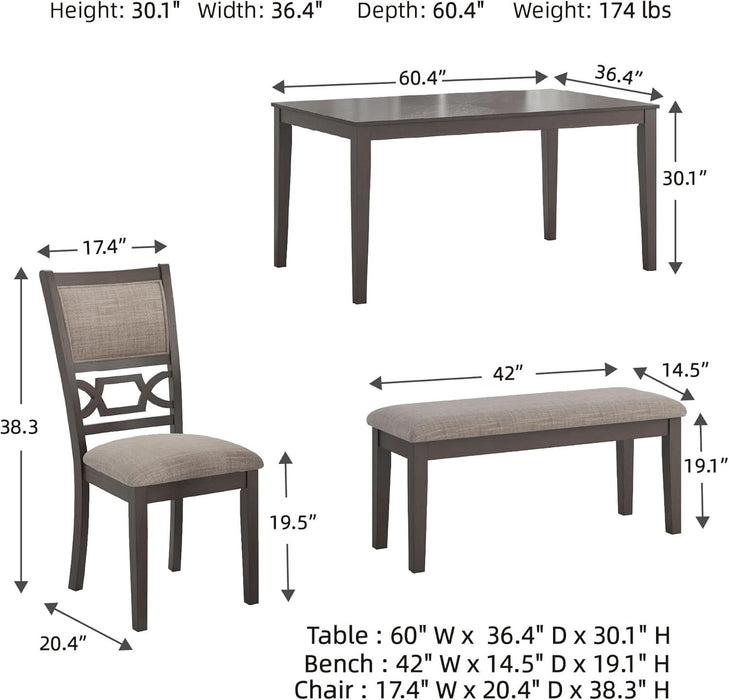 Wrenning Diamond Patterned Dining Table Set, 4 Upholstered Chairs and Bench, Seats 6, Wood, Gray