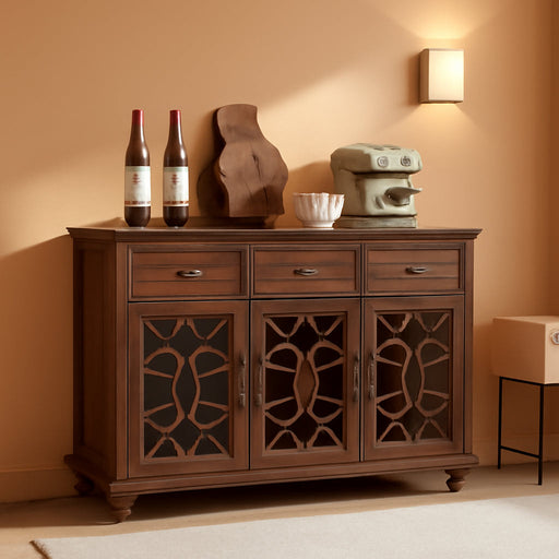 Farmhouse Sideboard Buffet Cabinet with Storage,48" Large Credenza with 3 Glass Doors & 3 Drawers,Adjustable Shelves Console Table,Wood Kitchen Coffee Bar for Dining Room,Living Room,Brown