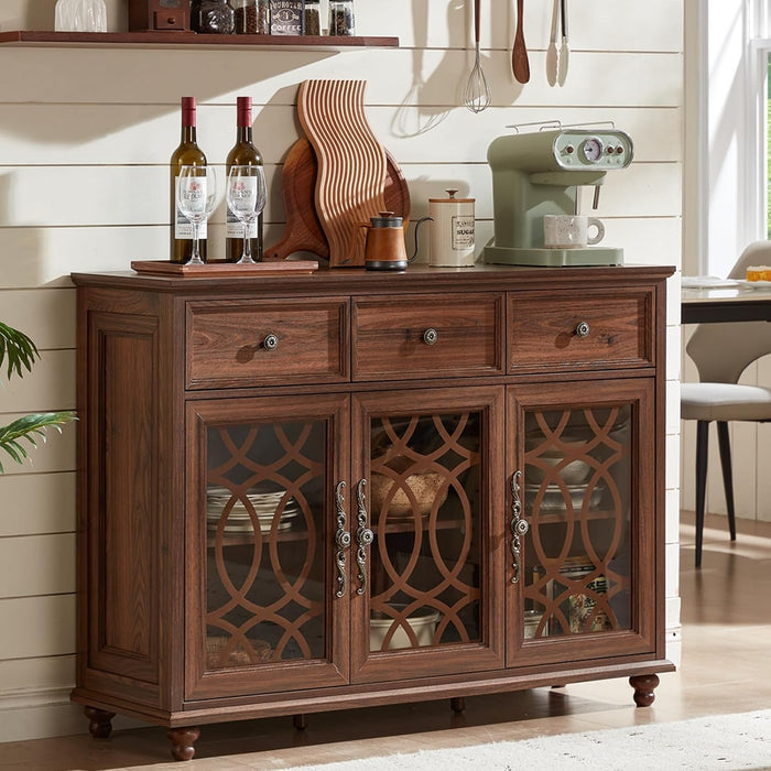 Farmhouse Sideboard Buffet Cabinet with Storage,48" Large Credenza with 3 Glass Doors & 3 Drawers,Adjustable Shelves Console Table,Wood Kitchen Coffee Bar for Dining Room,Living Room,Brown