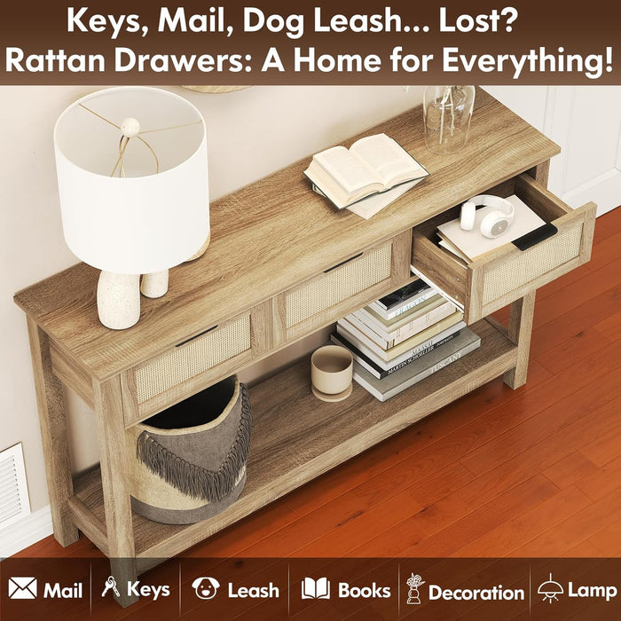 Rattan Console Table Boho Entryway Table with 3 Drawers Storage, Narrow Long behind Couch Sofa Table for Living Room Side Table Entry Way Table Entrance Hallway Foyer, Natural, 47 Inch