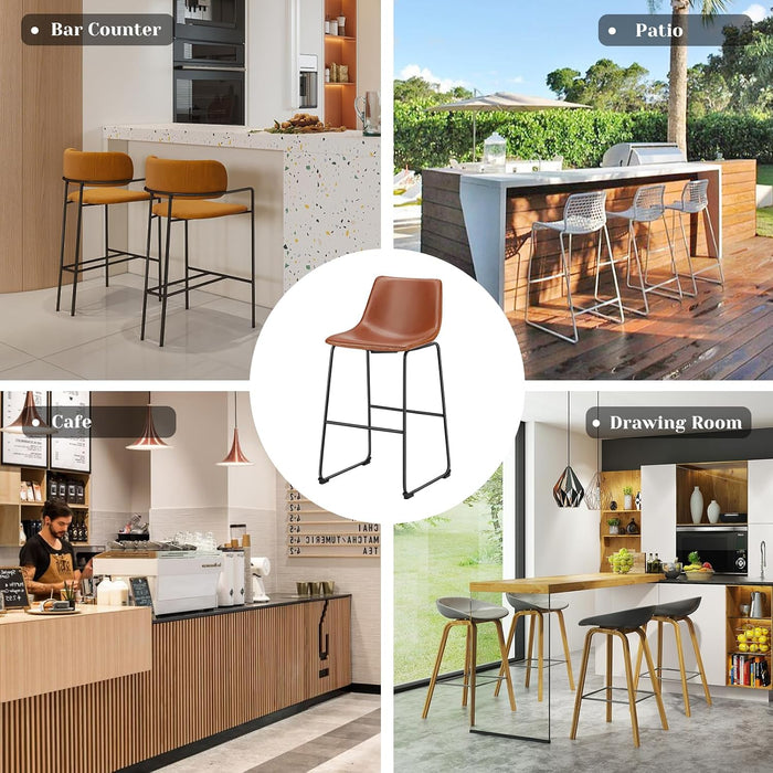 Counter Height Bar Stools Set of 4, Faux Leather Metal Legs Barstools | Modern Chairs with Back, Armless, 30 Inch, Kitchen Island Countertop, Comfortable Seat, Warm Brown