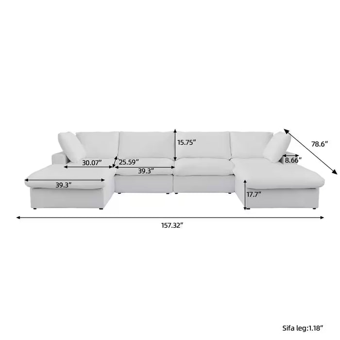 157 In. Square Arm 6-Piece Linen U-Shaped Sectional Sofa Cloud Couch in White with Storage Ottomans