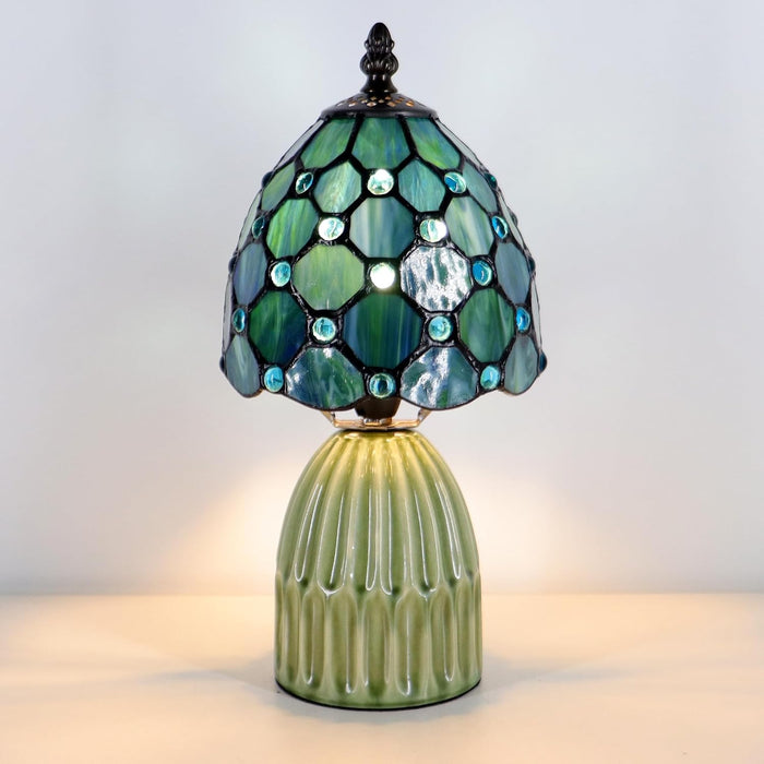 Tiffany Stained Glass Mushroom Table Lamp 12.5 Inch -Sea Blue Pearl