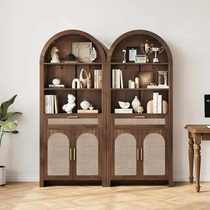 71.3" Tall Arched Bookshelf with Doors - 5 Tier Rattan Arched Bookcase