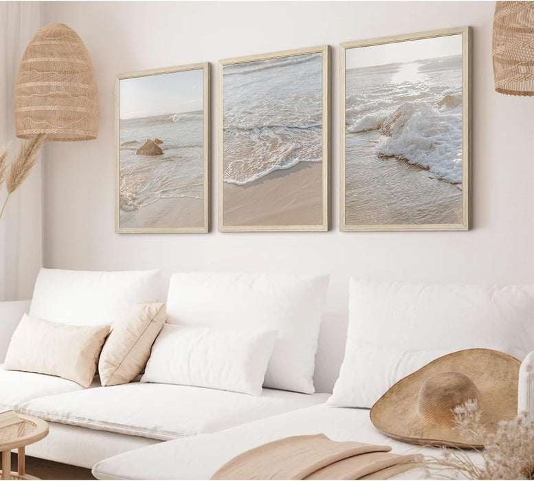 Beach Wall Art Decor Coastal Wall Art Pictures Ocean Canvas Wall Art Beige Beachy Wall Decor Boho Beach Prints Ocean Painting Coastal Artwork for Bedroom Living Room 16X24 Inch Wood Framed Set of 3