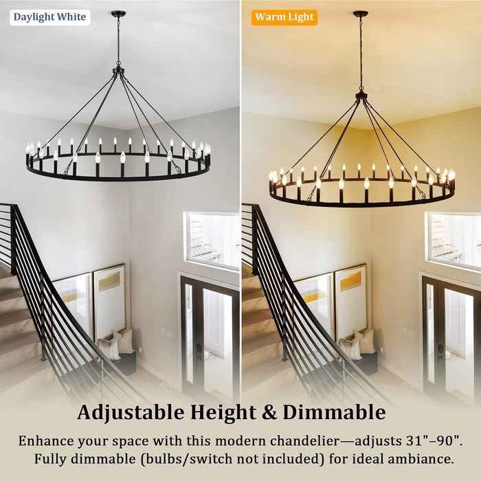 30 Lights Black Extra Large Wagon Wheel Chandelier, 60 Inch Farmhouse Industrial Ceiling Light Fixture for High Ceiling Outdoor Porch Living Dining Room Foyer Entryway, E12